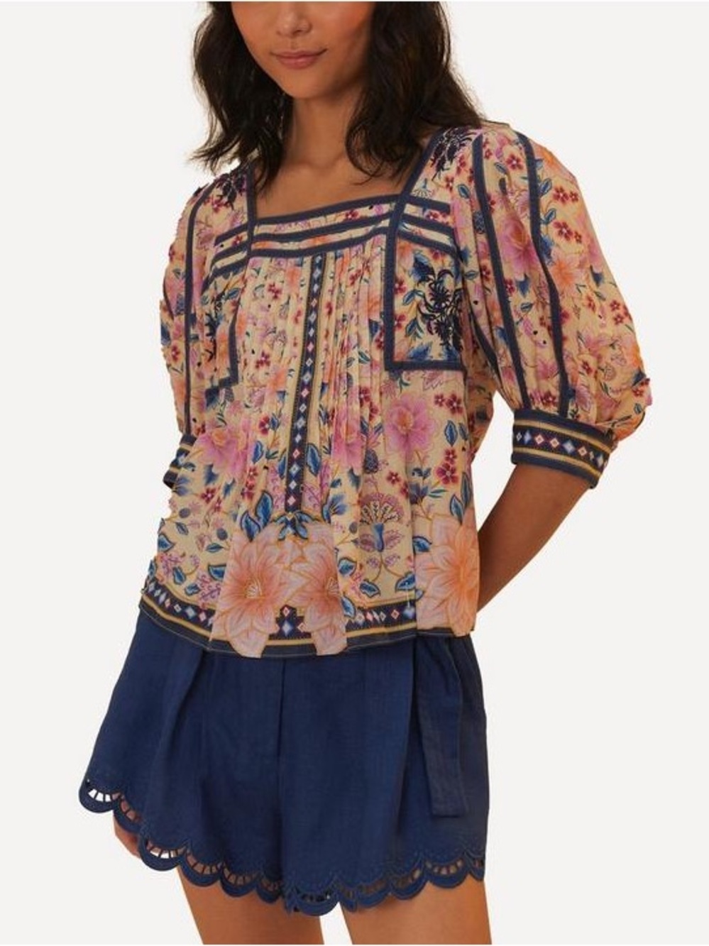 FARM Rio Peach Floral Square-Neck Blouse with Navy Trim